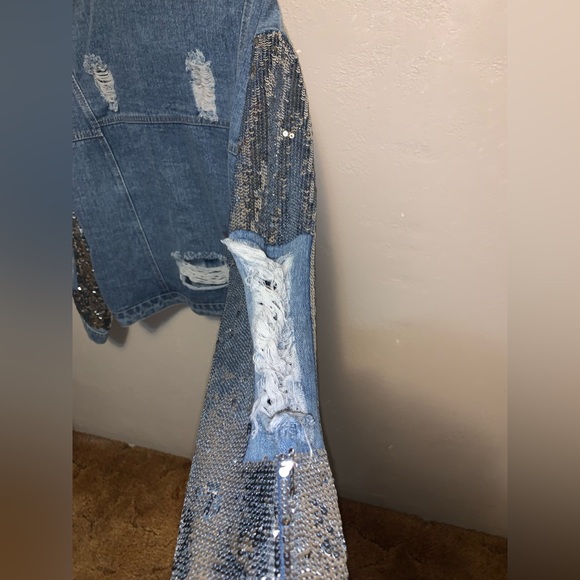 Women’s Distressed Silver Sequin Blue Denim Jacket NWT - Picture 6 of 9